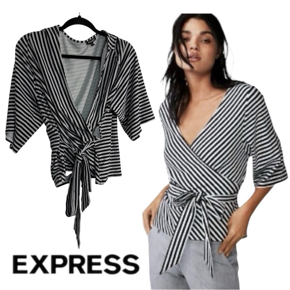 Express Monochrome Striped Wrap Top XL